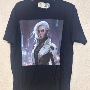 One-of-a-kind AI Art Graphic T-Shirt – Cyberpunk Female – Black – Size XL – NEW